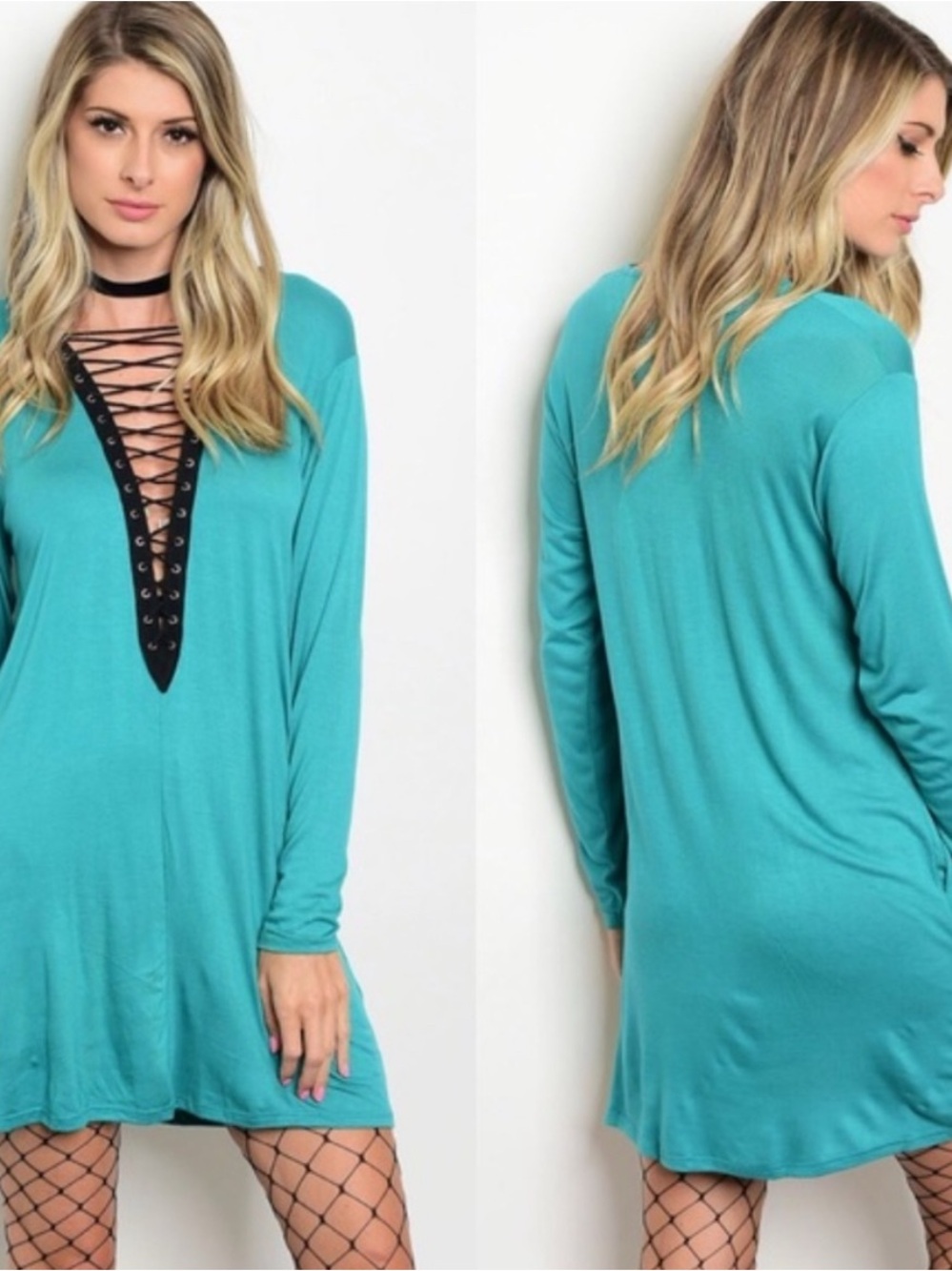 Teal Lace-Up V-Neck Long Sleeve Women's Top